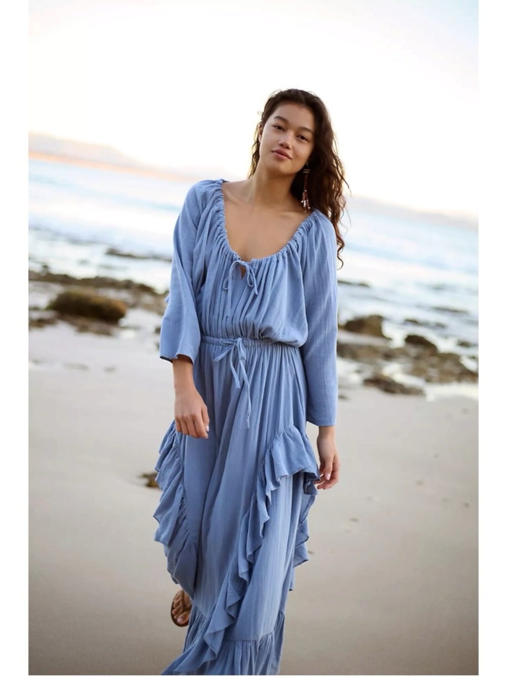 Free People Bohemian Witchy Ethereal Billowy Maxi Dress Blue Suede Size XL NWT - Picture 6 of 13